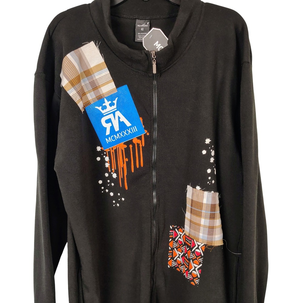 Red‎ Ape MCMXXXIII Mens 4X Black Patchwork Graphic Full Zip Track Jacket New